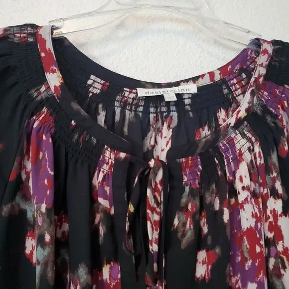 Daniel Rainn Top Long Sleeves Neckline‎ Tie Accent Chiffon Black Abstract Sz L - Picture 2 of 13